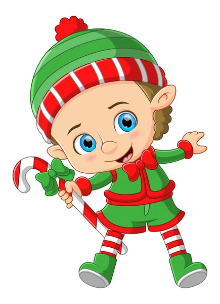 Dibujos Animados Navidad Elfo Llevando Gran Bastón Caramelo Ilustración — Vector de stock