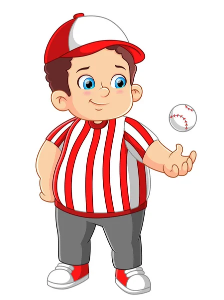 Szczęśliwy Młody Chłopiec Ubrany Czerwony Strój Baseballowy Trzymając Kulę Ilustracji — Wektor stockowy