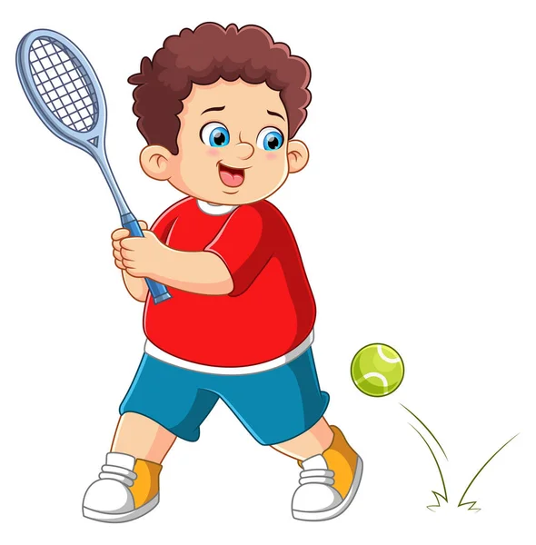 Young Boy Playing Tennis Racket Illustration — Stock Vector