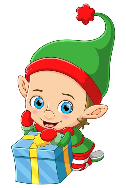 Pequeno Elfo Com Presente Presente Ilustração — Vetor de Stock