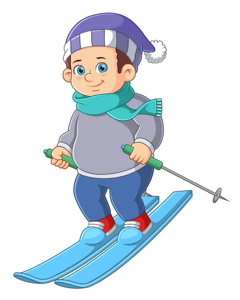 Junger Skifahrer Mit Wehendem Schal Hat Spaß Beim Gleiten Auf — Stockvektor