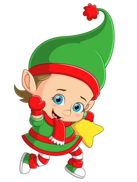 Cute Elf Holding Star Illustration — Stock Vector