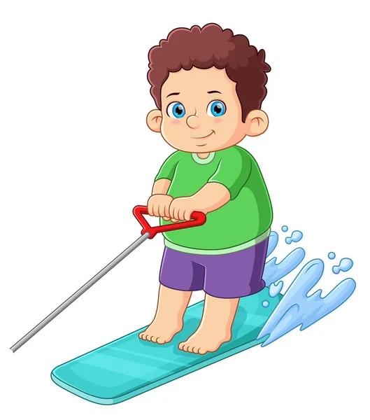 Een Schattige Jongen Rijden Water Ski Van Illustratie — Stockvector