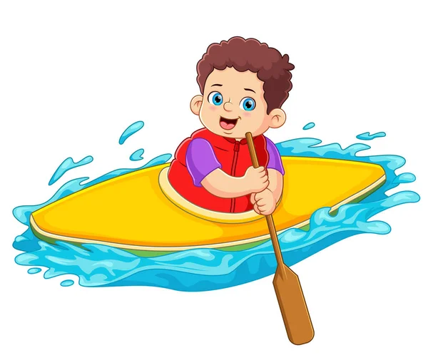 一个男孩皮划艇冒险使用手持桨的例证 — 图库矢量图片