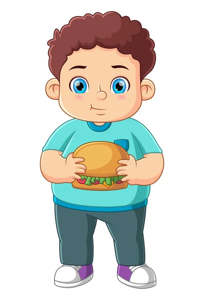 Mignon Garçon Tenant Gros Hamburger Illustration — Image vectorielle