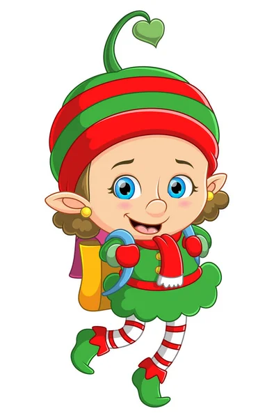Cute Elf Dziewczyna Niosąc Plecak Ilustracji — Wektor stockowy