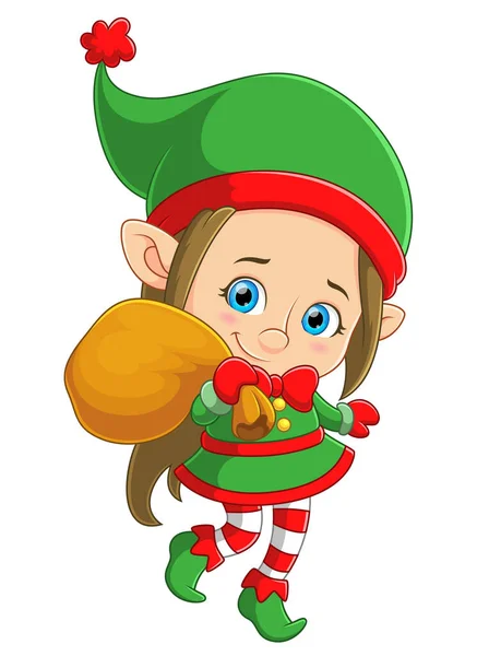 Cute Elf Girl Holding Big Sack Gift Illustration — Stock Vector