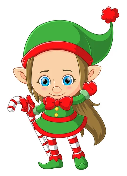 stock vector Cute elf girl holding a big candy cane of illustration