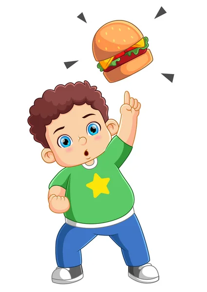 Garçon Mignon Avec Une Bonne Pose Pointant Gros Hamburger Illustration — Image vectorielle