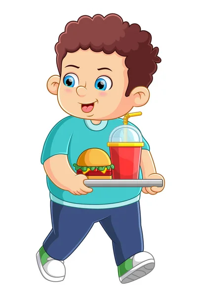 Χαριτωμένο Αγόρι Μεταφέρουν Και Παραγγείλετε Πρόχειρο Φαγητό Της Απεικόνισης — Διανυσματικό Αρχείο