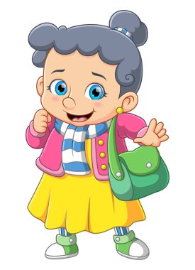 Gülümseyen ve resimli çanta taşıyan güzel bir kız.