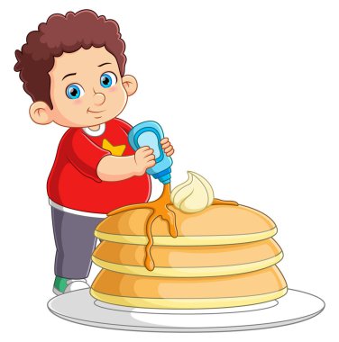 Büyük bir dorayaki pastası yiyen sevimli bir çocuk.