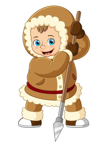 Cartoon Eskimo Αγόρι Κρατώντας Ένα Δόρυ Της Απεικόνισης — Διανυσματικό Αρχείο