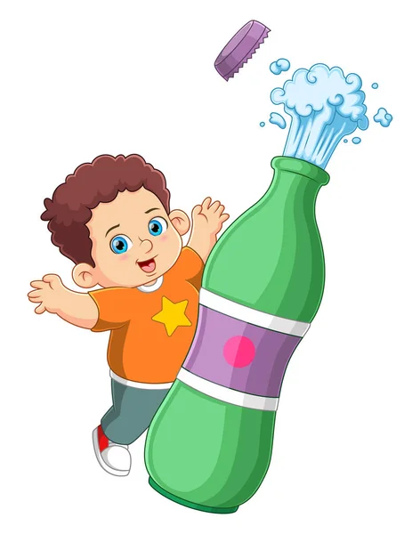 Happy Boy Ready Drink Big Cola Bottle Cola Illustration — Stock Vector
