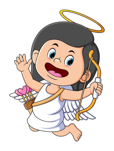 Angel Girl Flying Holing Love Bow Illustration — Vetor de Stock