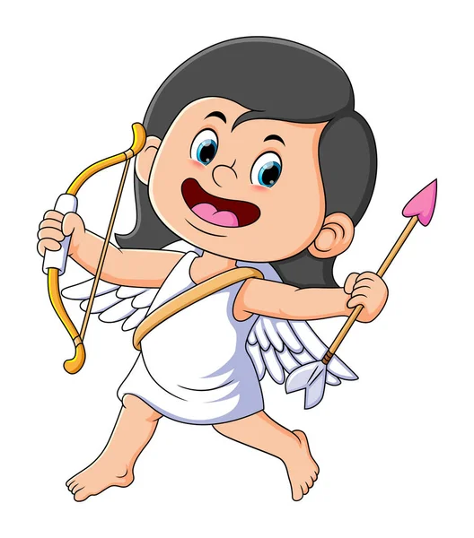 Den Lilla Cupid Flicka Håller Båge Och Kärlek Pil Illustration — Stock vektor