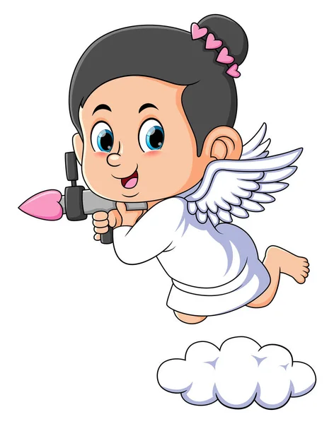 Little Cupid Girl Shooting Love Valentine Day Illustration — Stock Vector