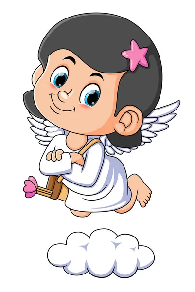 Cupid Girl Bringing Love Arrow Flying Cloud Illustration — Vetor de Stock