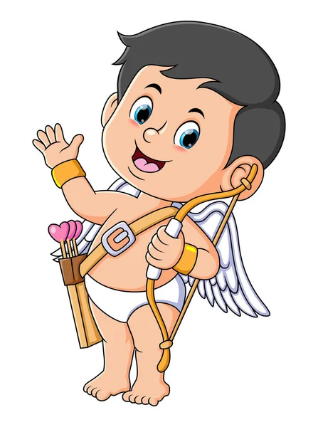 Baby Cupid Holding Love Arrow Waving Hand Illustration — Vetor de Stock
