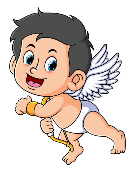 Happy Cupid Boy Running Flying Sky Illustration — Stock Vector