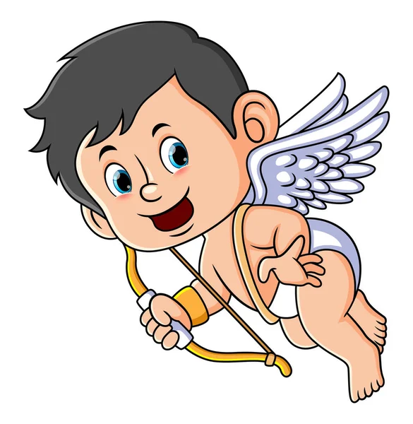 Happy Cupid Holding Bow Flying Wing Illustration — Vector de stock