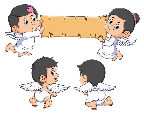 Group Cupid Showing Something Posing Cutely Illustration — 스톡 벡터