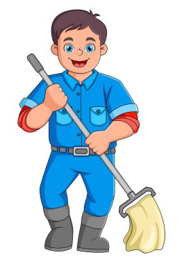 A young man works as a cleaning service with a floor cleaning tool of illustration