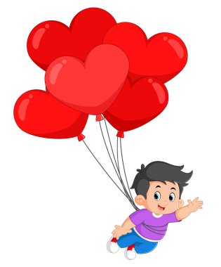 Cute and brave boys flew with lots of red valentine heart balloons of illustration