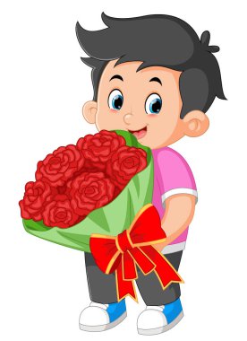 A Cute boy carrying a huge bouquet of roses of illustration