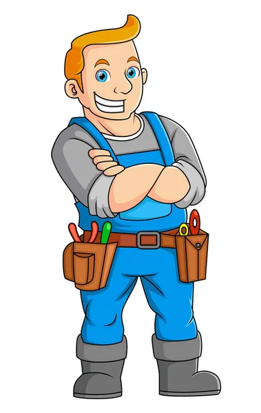 Dashing Man Posing Funny Electrician Uniform Illustration — Vetor de Stock