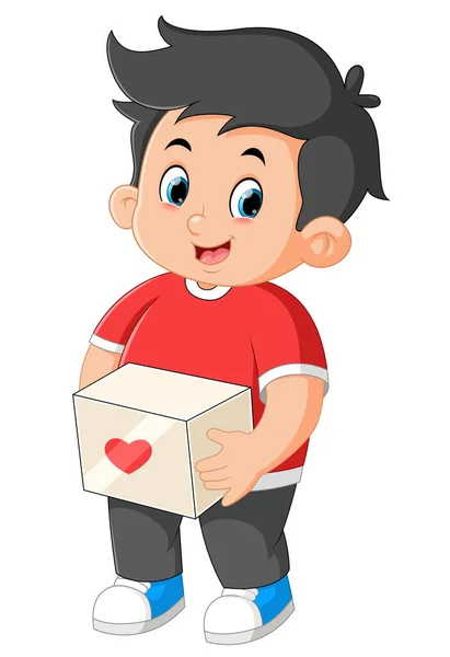 Cute Boy Carrying Package Box Red Valentine Heart Sign Valentine — 图库矢量图片