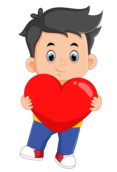 Cute Brave Boy Carrying Red Valentine Heart Illustration — Stockvector