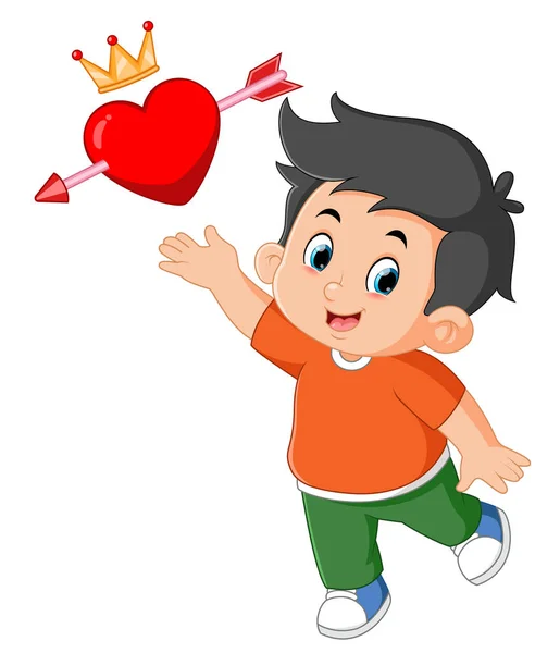 Cute Boys Trying Take Red Valentine Heart Valentine Day Illustration — Stock Vector