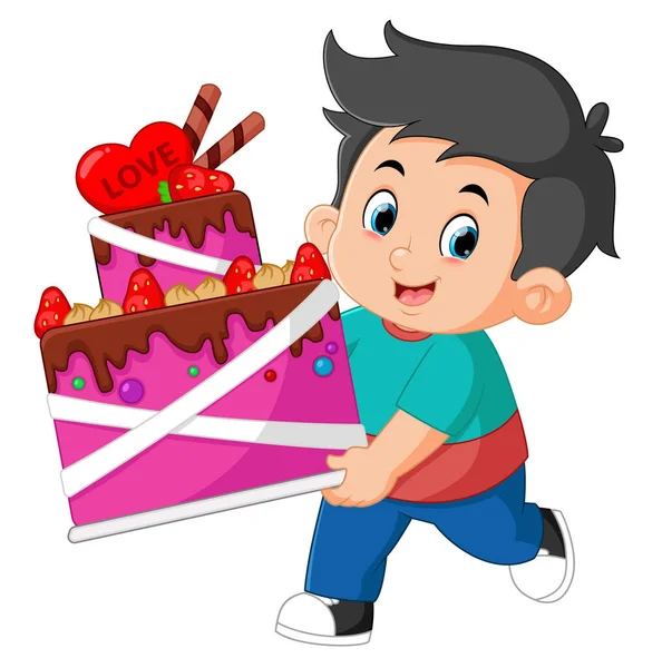 Søte Gutter Tar Med Seg Stor Kake Til Valentines Illustrasjonsdag – stockvektor
