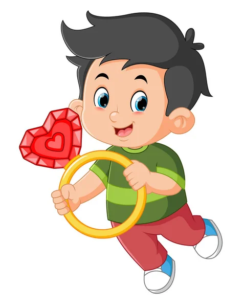 Cute Boys Carrying Huge Heart Shaped Diamond Rings Valentine Day — Stock Vector