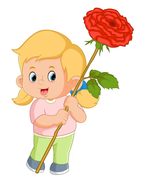 Милые Девушки Несут Большие Красные Розы Иллюстрации — стоковый вектор