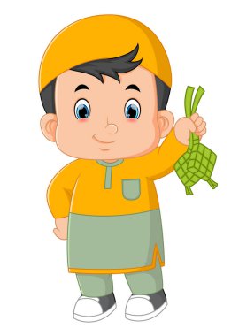 a cute Muslim boy is holding ketupat or rice dumplings of illustration