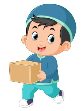 a Muslim boy running and carrying a big gift box of illustration