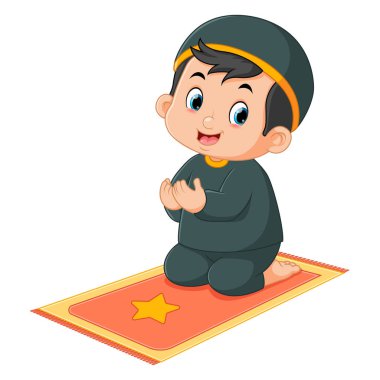 a cute Muslim boy is praying on his prayer mat of illustration