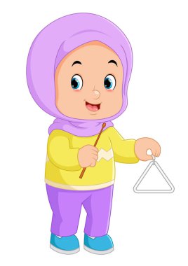 a Muslim girl playing with a triangle bell of illustration