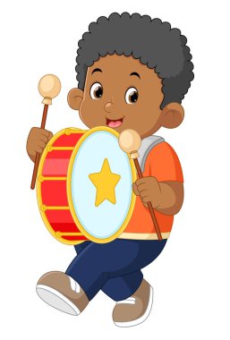 a happy african boy playing a big drum musical instrument of illustration