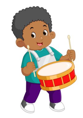 an African boy passionately plays the red drum musical instrument of illustration