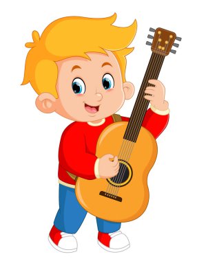 a cute boy learns to playing guitar and singing of illustration