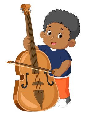 a cute African boy playing the violoncello with passion of illustration