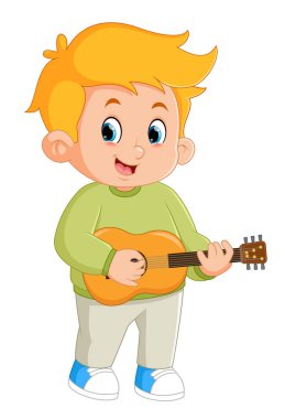 a happy boy is playing the traditional ukulele instrument of illustration