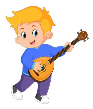 a cute boy dancing and playing a mandolin instrument of illustration