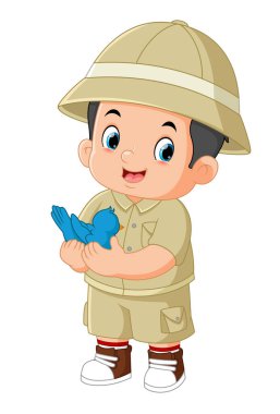 a cute adventurous boy is helping a bird of illustration