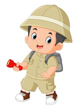 a brave adventurous boy walks and smiles while carrying a flashlight of illustration