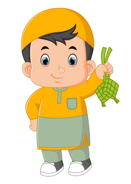 Cute Muslim Boy Holding Ketupat Rice Dumplings Illustration — Vetor de Stock