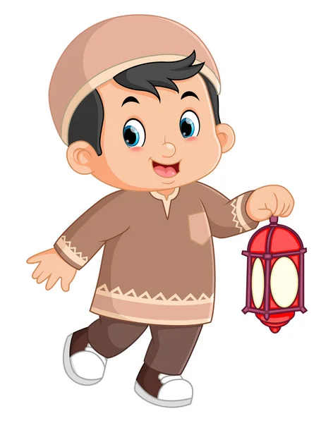Smiling Muslim Boy Walking Streets Carrying Small Lantern Illustration — Stockvektor